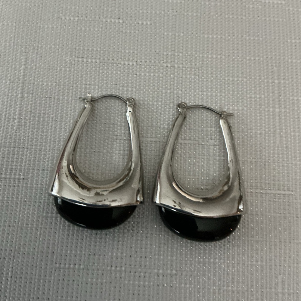 Silver and Black Drop Hoop Earrings